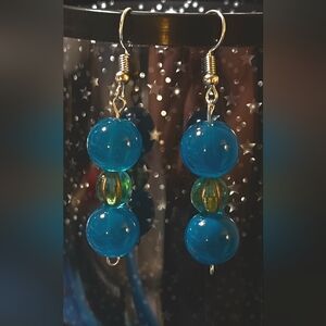 Cadet petrol blue and light teal gold washed melon bead dangle earrings